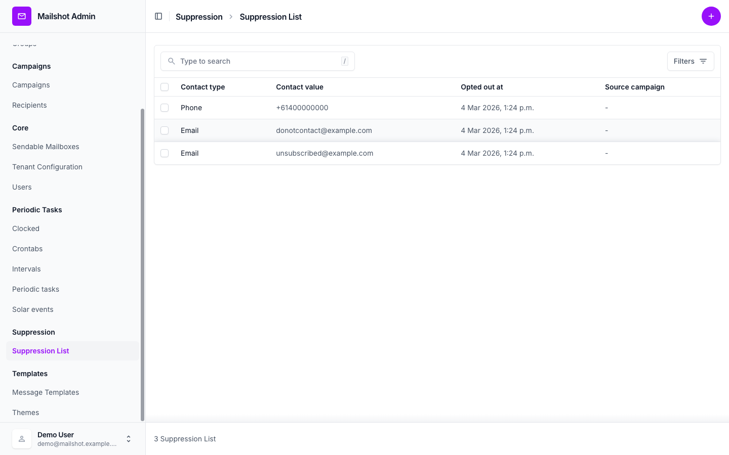 Do-not-contact suppression list